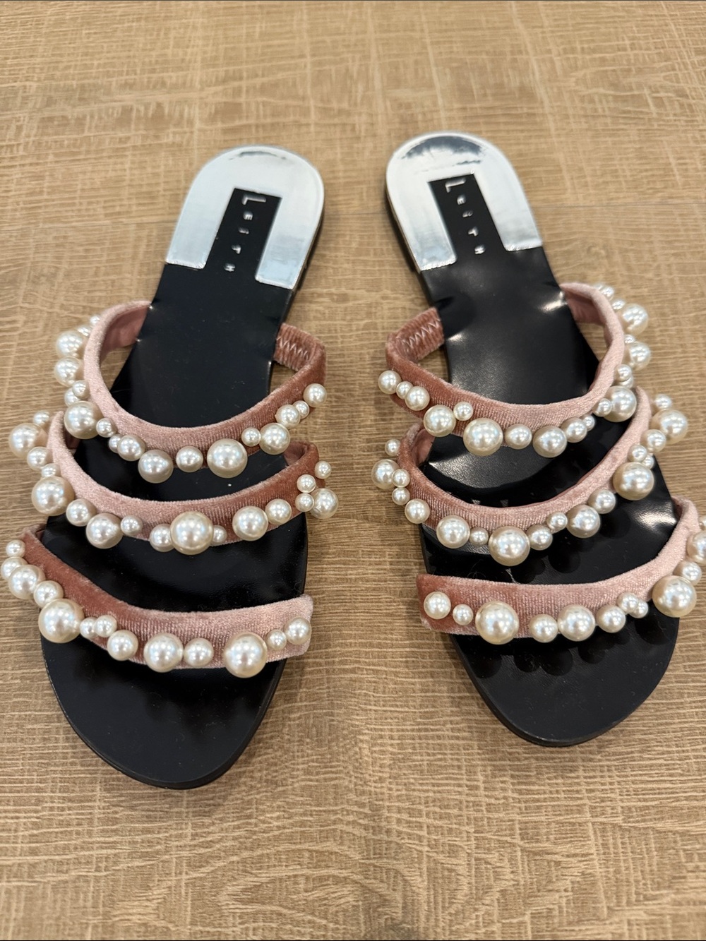 Leith Pink Pearl-Embellished Velvet Slide Sandals